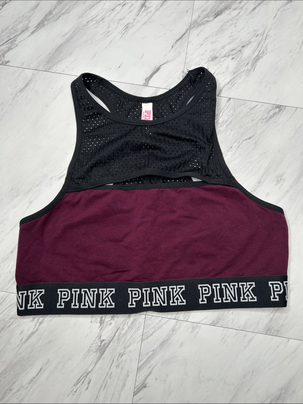 PINK Victoria's Secret Black Mesh & Burgundy Racerback Sports Bra